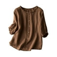 thumbnail image 2 of Aboser Womens Cotton Linen Blouses Ruffle 3/4 Sleeve Shirts Summer Crewneck Tunic Tops Casual Button Down T-Shirt Solid Loose Fit Blouse, 2 of 5