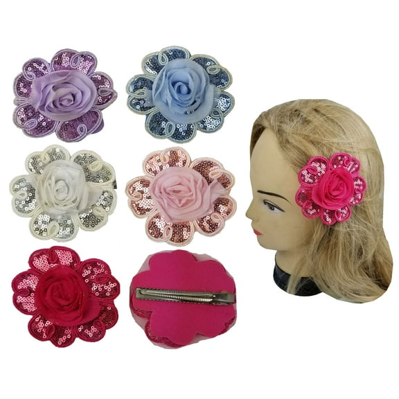 6 Flower Hair Clips Hair Pins for Women Girls (Rose w/Spangles)
