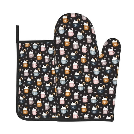 

Jgfou Snowflake Cream Hot Cocoa Pattern Oven Mitts and Pot Holders Sets Heat Resistant Oven Mittens Soft Lining Extra Thicken Long Kitchen Cotton Oven Glove for Cooking