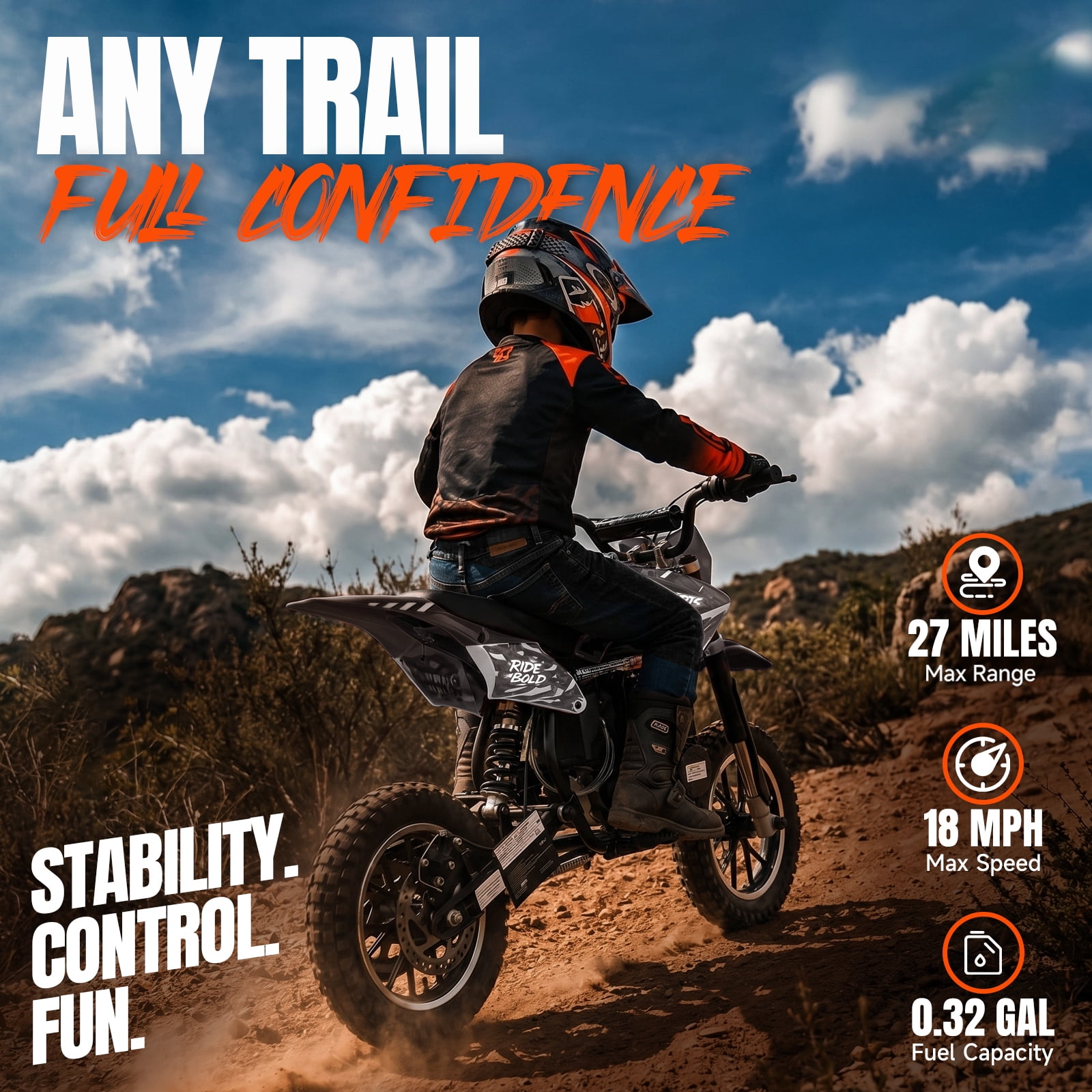 Kids Mini 39CC Gas Dirt Bike, 4 Stroke Ride on Bike with Off-Road Tire, Shocks, Pull Start, Oil Mixed Required, Support Up to 165lbs