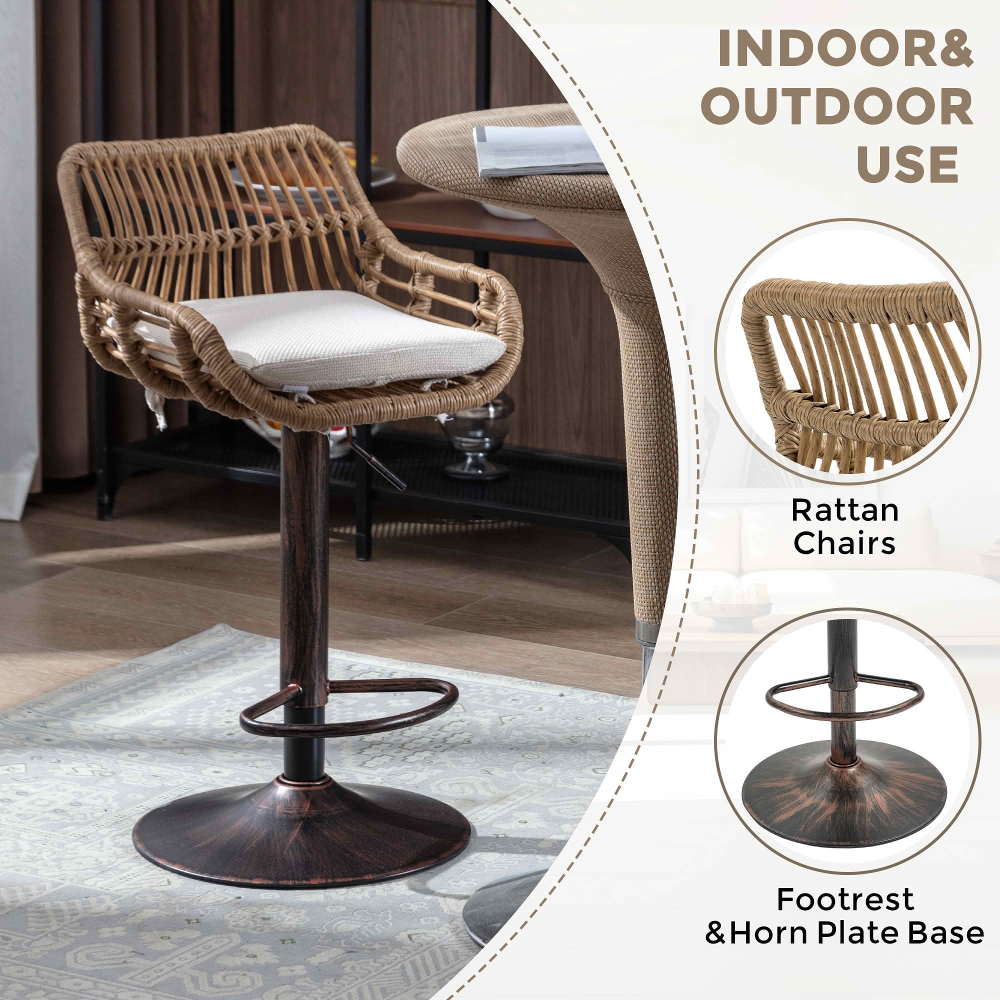 MAYEERTY Swivel Bar Stools Set of 2, Adjustable Height Chairs with Footrest, Linen and PE Rattan Back, Beige