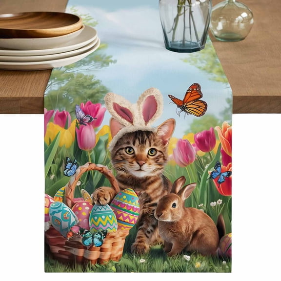Table Runner - 72 Inch Long, Spring Easter Kitchen Dining Table Runner Dresser Scarves, Easter Eggs Cats Bunny Tulips Farmhouse Farmhouse Decor for Coffee Tables Wedding Party Banquet