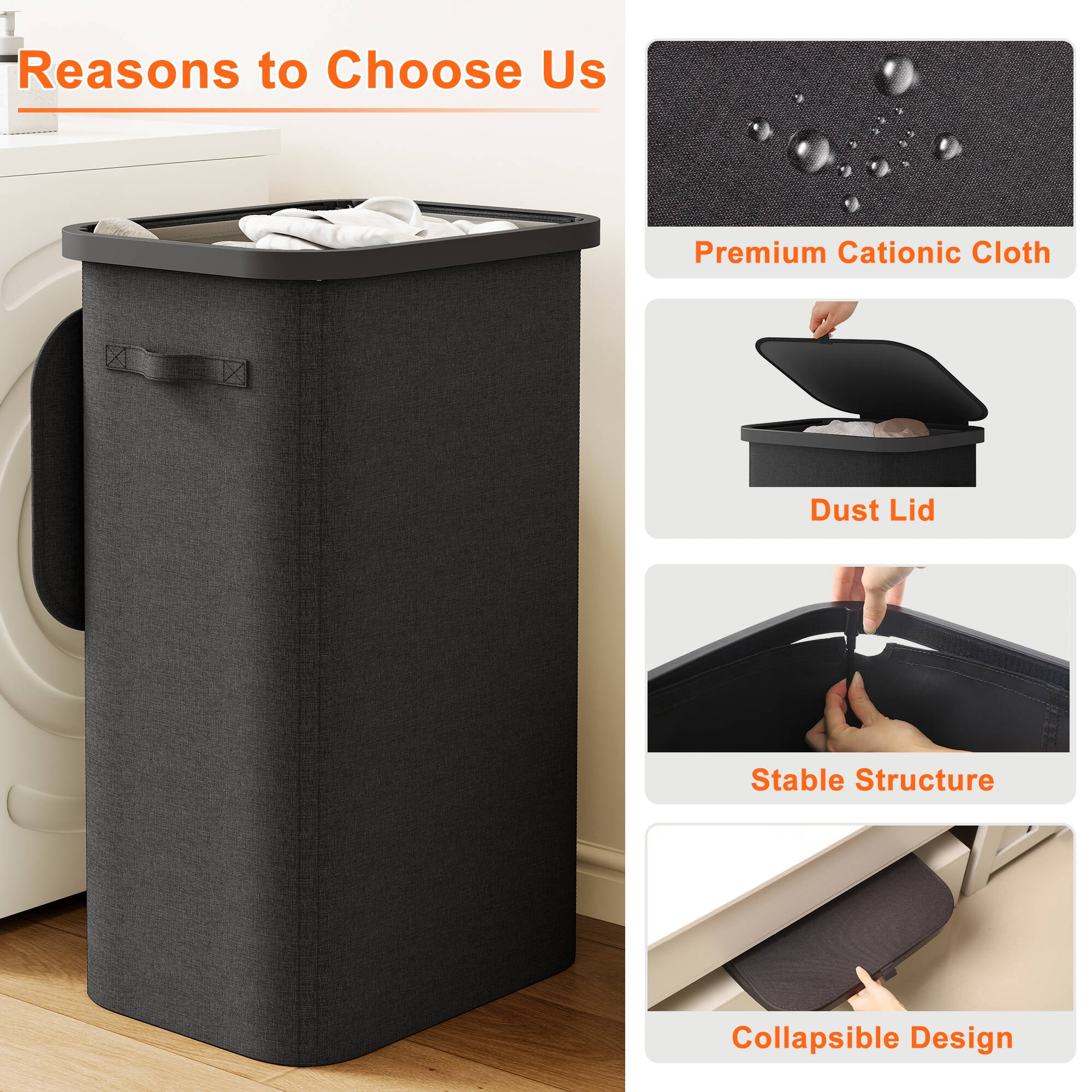 BGTREND 2PCS Slim Laundry Hamper with Lid 110L Foldable Clothes Basket with Removable Mesh Bag & Handle for Closet Bathroom Bedroom (Black)