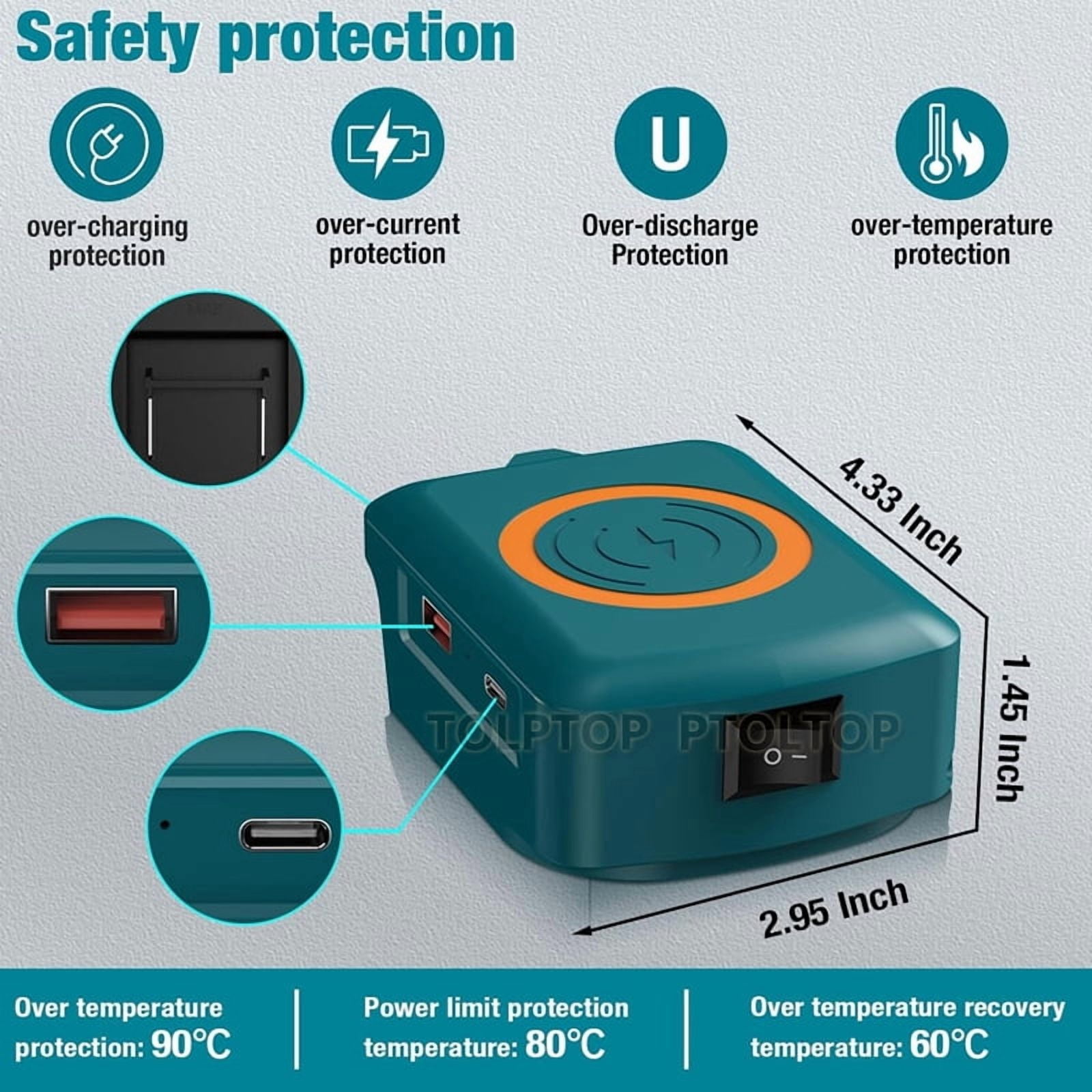 Magnetic wireless charger, for De*walt 20V Li-ion Battery, with USB/TYPE-C, Fast charging battery adapter