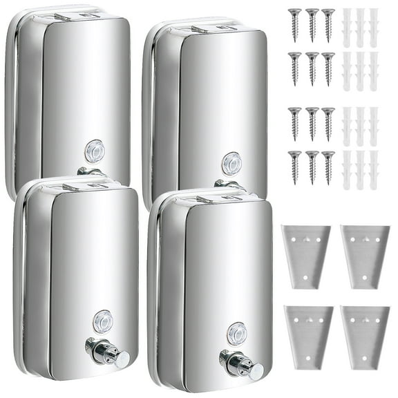 4Pcs Commercial Soap Dispenser Stainless Steel 1000ml Wall Mount Manual Liquid Pump Rust Proof Leak Free for Bathroom