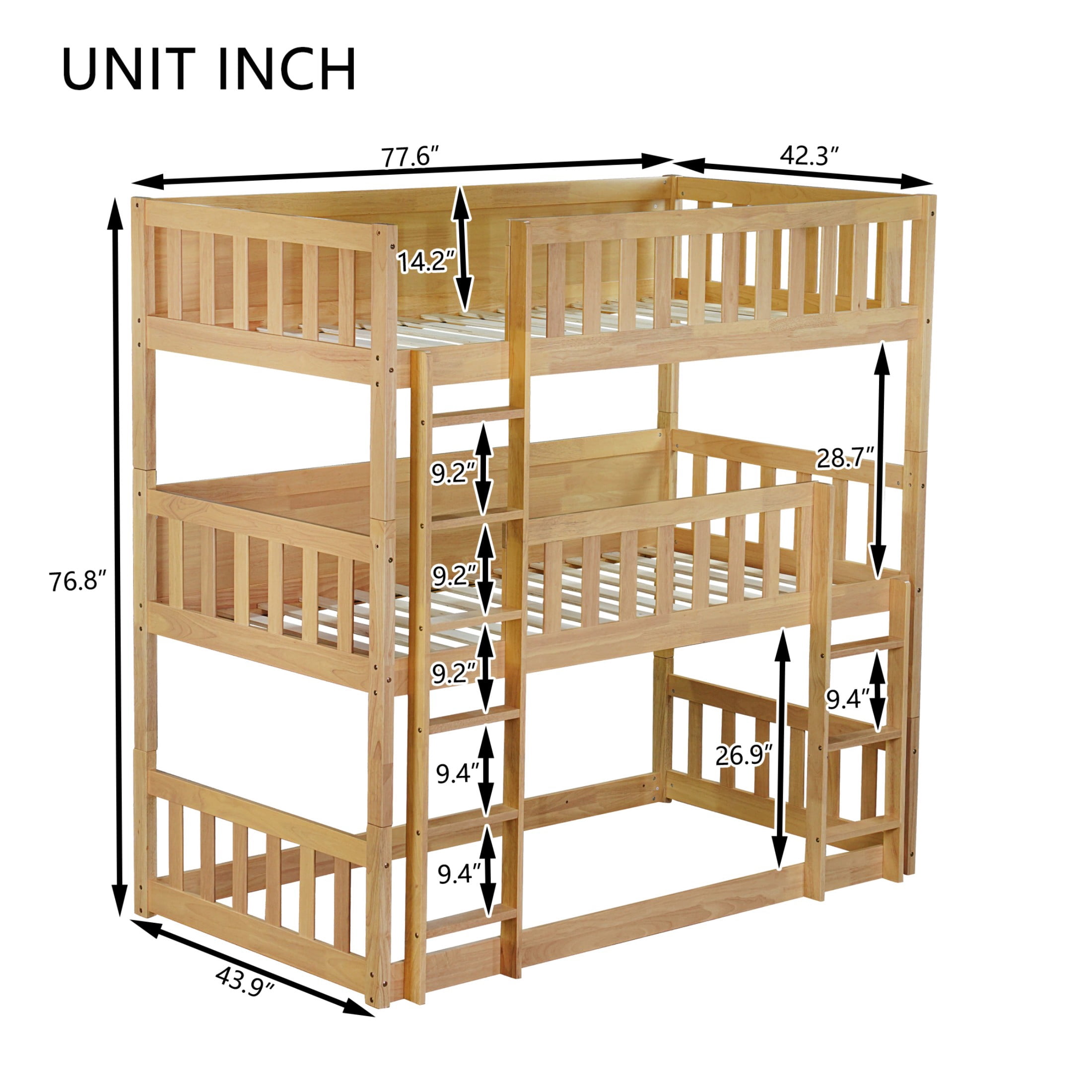 Alvantor Twin Triple Bunk Bed, Twin Over Twin Over Twin Bed Frame Detachable Rubber Wood with Ladders Guardrails for Teens Adults, Natural