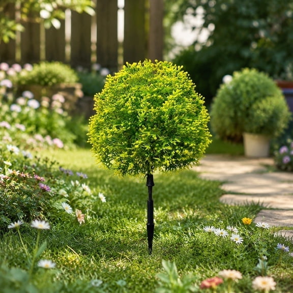 Artificial Round Topiary Ball Tree Ground Stake,Lifelike Plastic Faux Shrub,Weatherproof for Outdoor Lawn,Flower Bed,Yard,Landscape Decor,16.5 inches