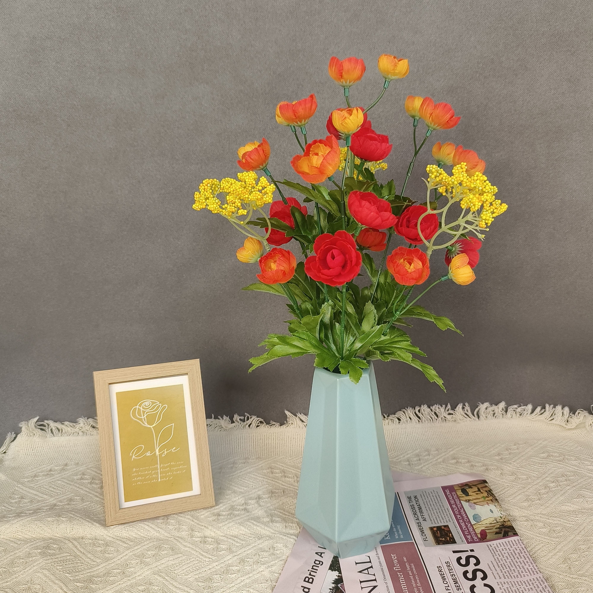 Mainstays 17" Artificial Red and Orange Ranunculus Bush,  Indoor Use.