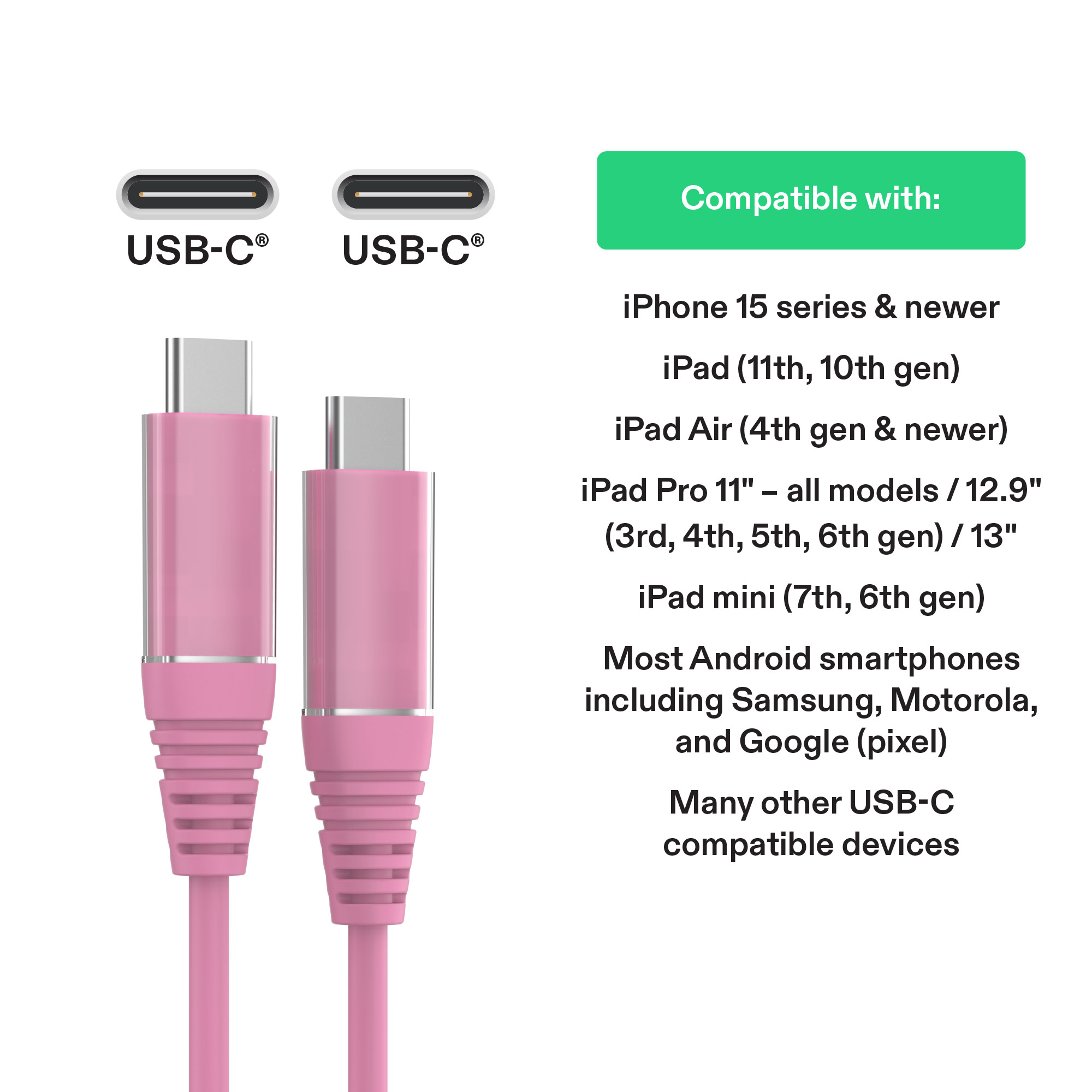 Cable de carga onn de 6 pies USB-C a USB-C, carga rápida, certificado USB-IF, compatible con iPhone 16 y 15, iPad Pro, Samsung Galaxy, Note, Pixel y más - Rosa 4