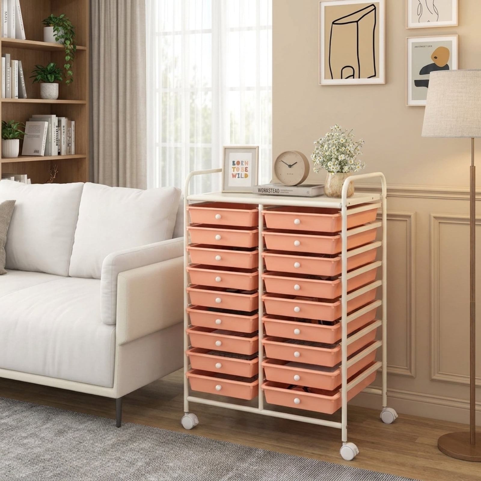Furnibear 20 Drawers Rolling Storage Cart Studio Organizer Multi for Home Office Craft Room Classroom, Peach