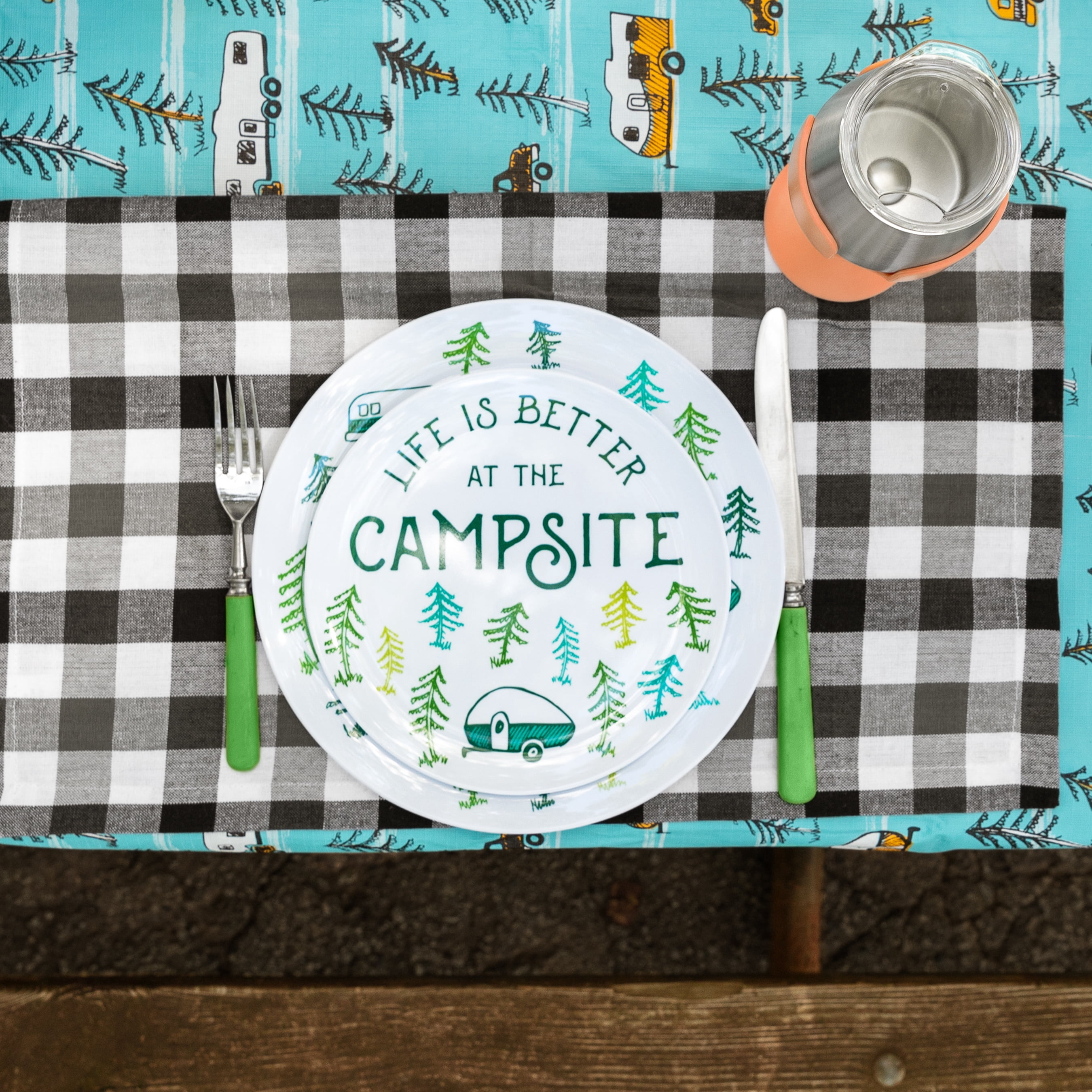 Camco 53315 Life is Better at the Campsite 12-Piece Dishware Set, RV Sketch Pattern