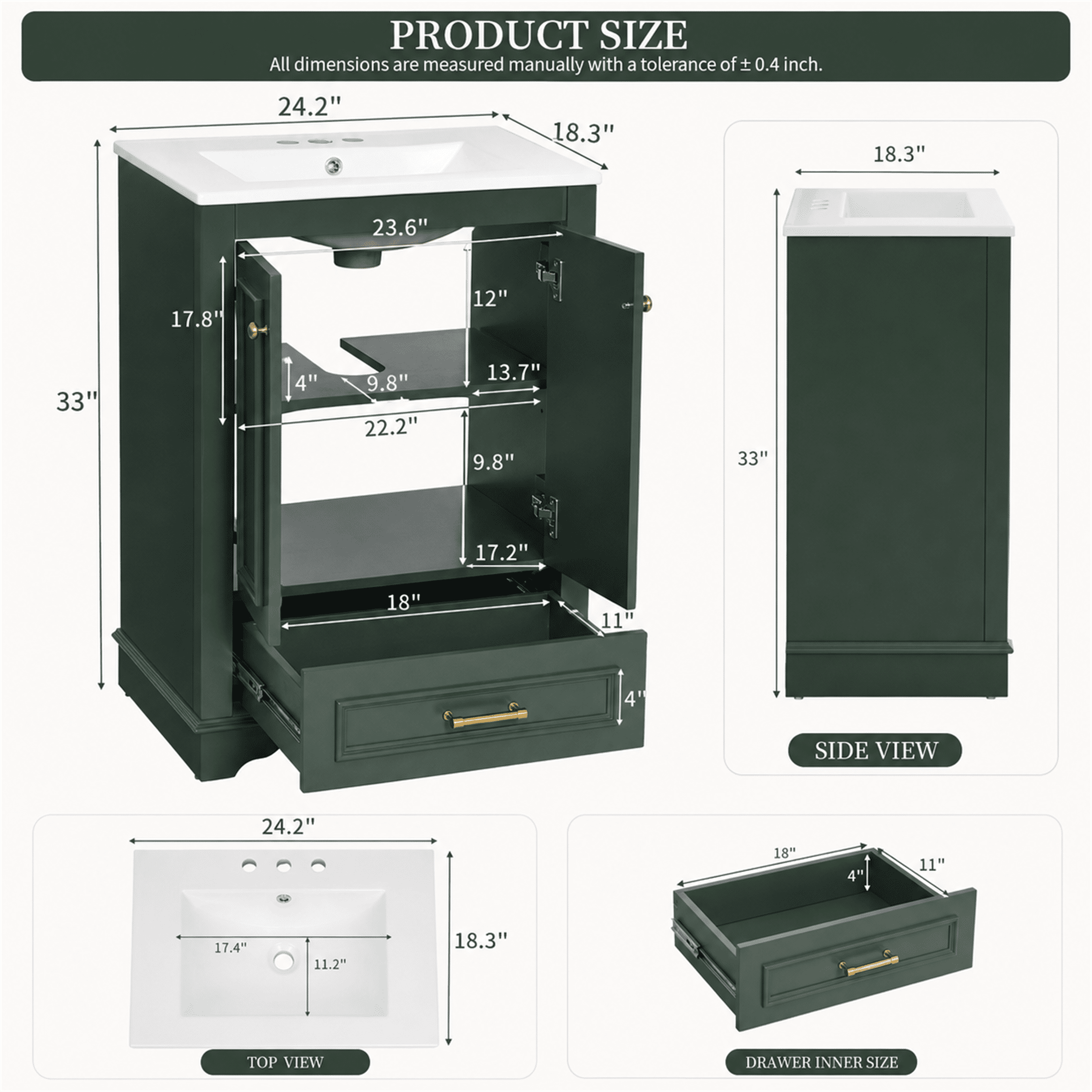 Homy Casa 24" Bathroom Vanity with Sink, Ceramic Top Storage Cabinet for Small Bathrooms, Dark Green