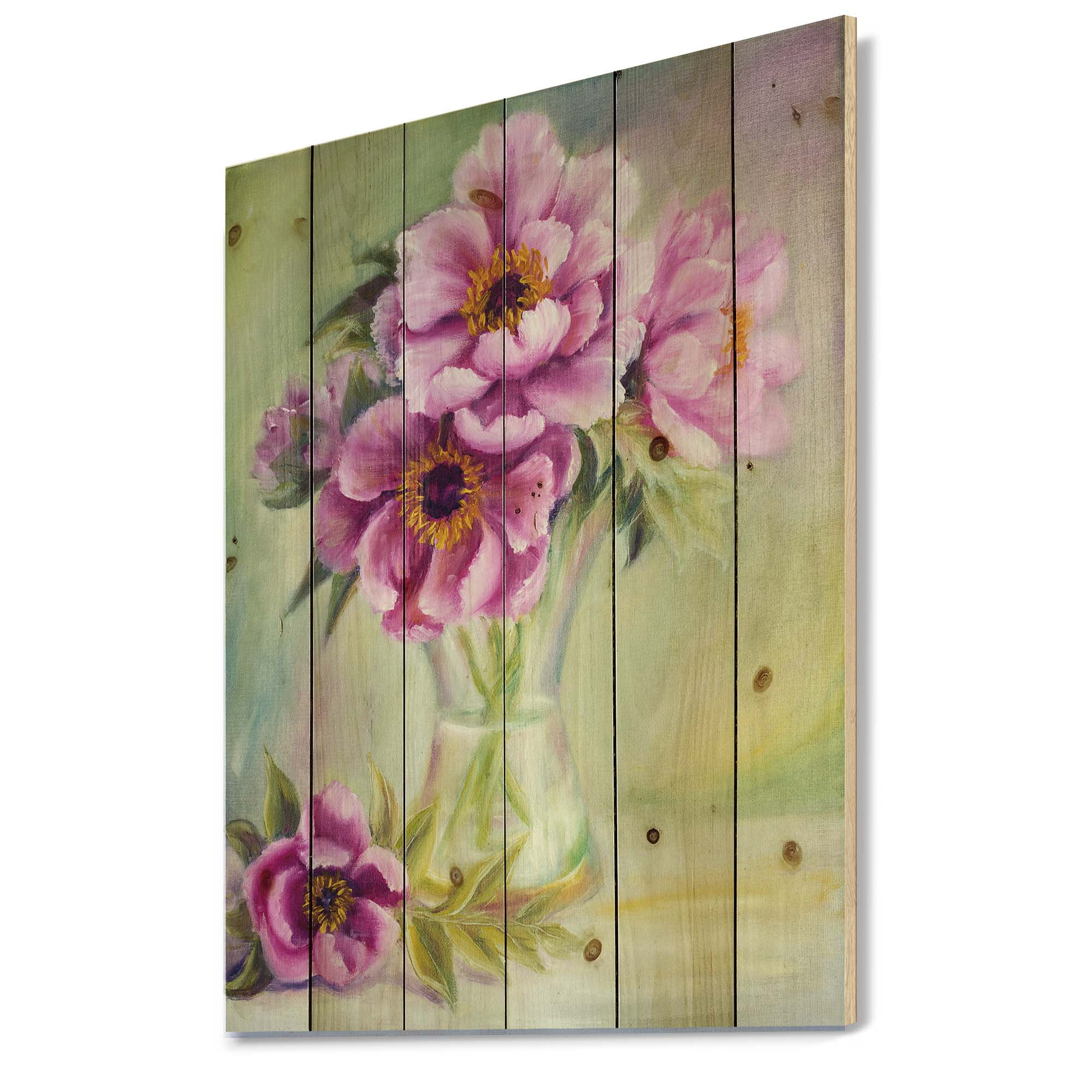 Designart 'Purple Peonies In Vase Still Life' Traditional Print on Natural Pine Wood