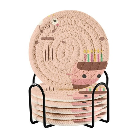 

6 Pcs Drink Coasters with Holder Absorbent Coasters Minimalist Home Decor Coaster Set Stylish Handmade Round Woven Coaster for Drinks Table Desk Protection Cute Cartoon Birthday Cake