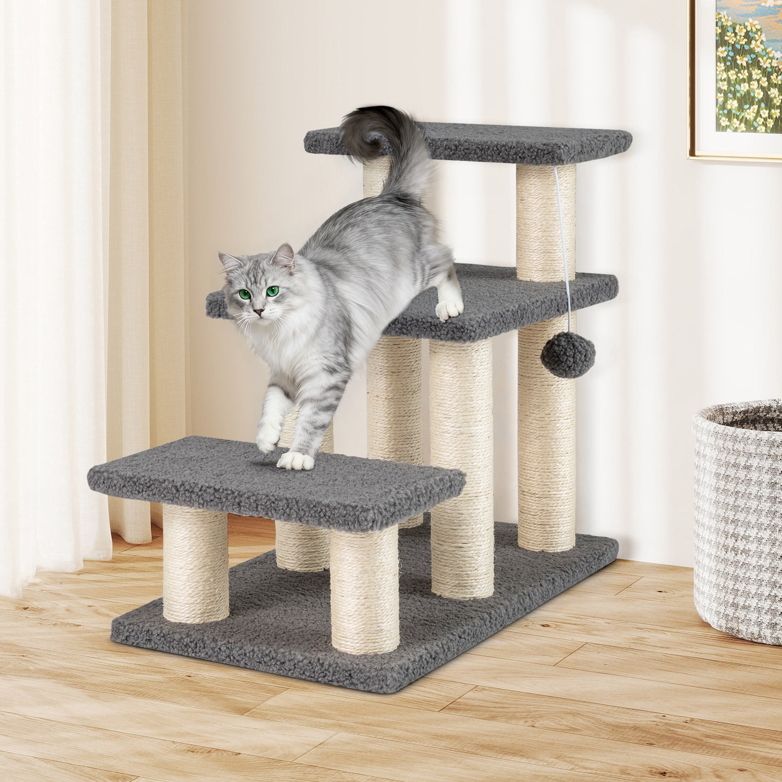Gymax 2-in-1 Cat Tree Tower Pet Steps w/ Scratching Posts Hanging Toy Ball Perch