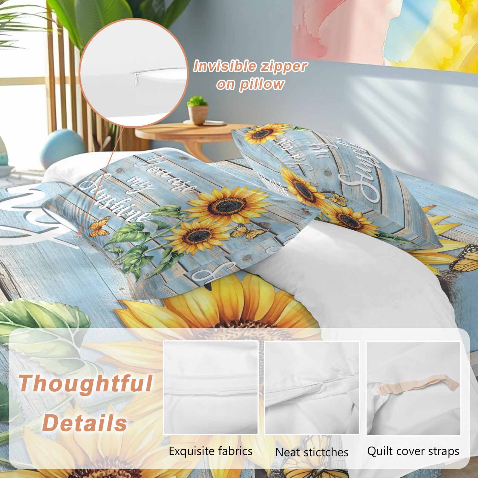 Vintage Sunflower Bedding Duvet Cover Set King 4 Pieces You Are My Sun Shine Butterfly Blue Wood Board Bedding Set with Zipper Closure,1 Comforter Cover 92x106 Inches 1 Flat Sheet & 2 Pillow Cases