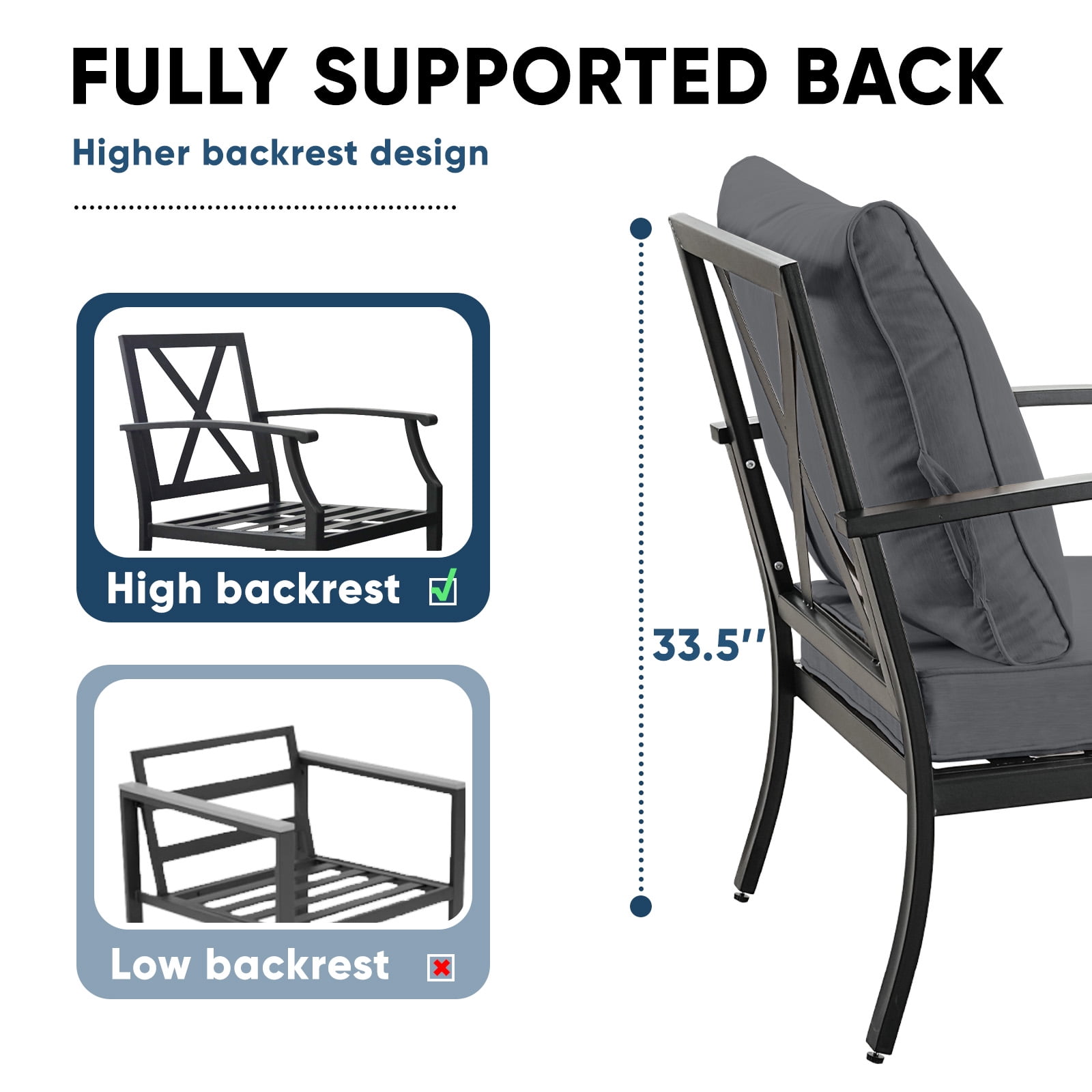 TerraRelax 4 Piece Outdoor Patio Furniture Set, Oversized Metal Conversation Set with High Back & Deep Seating, Water-Repellent Cushions, Coffee Table for Porch, Deck, Backyard, Grey