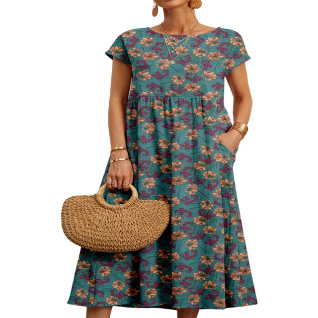 CHOK Femmes Robes Été Floral Plage Robe Soleil Dames Manches Courtes Cou Maxi Robe Longue avec Poche Fleur Bleue 2XL