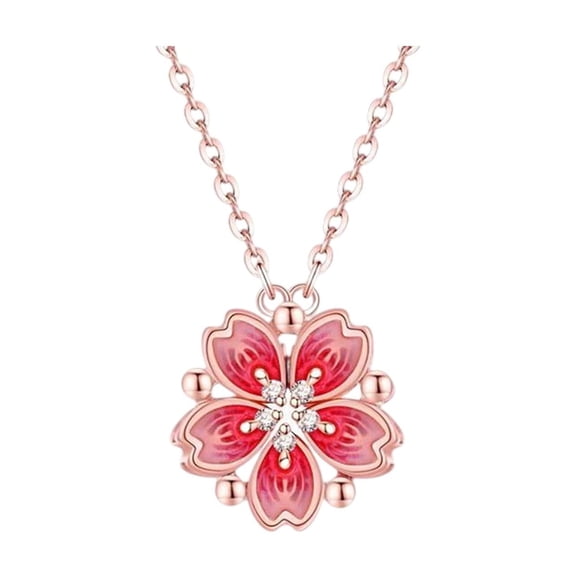 LEHOZIHEQ Cherry Blossoms Necklace, Rose Rotating Cherry Flower Pendant Necklace, Cubic Zirconia Pink Cherry Blossom Jewelry Gift for Women