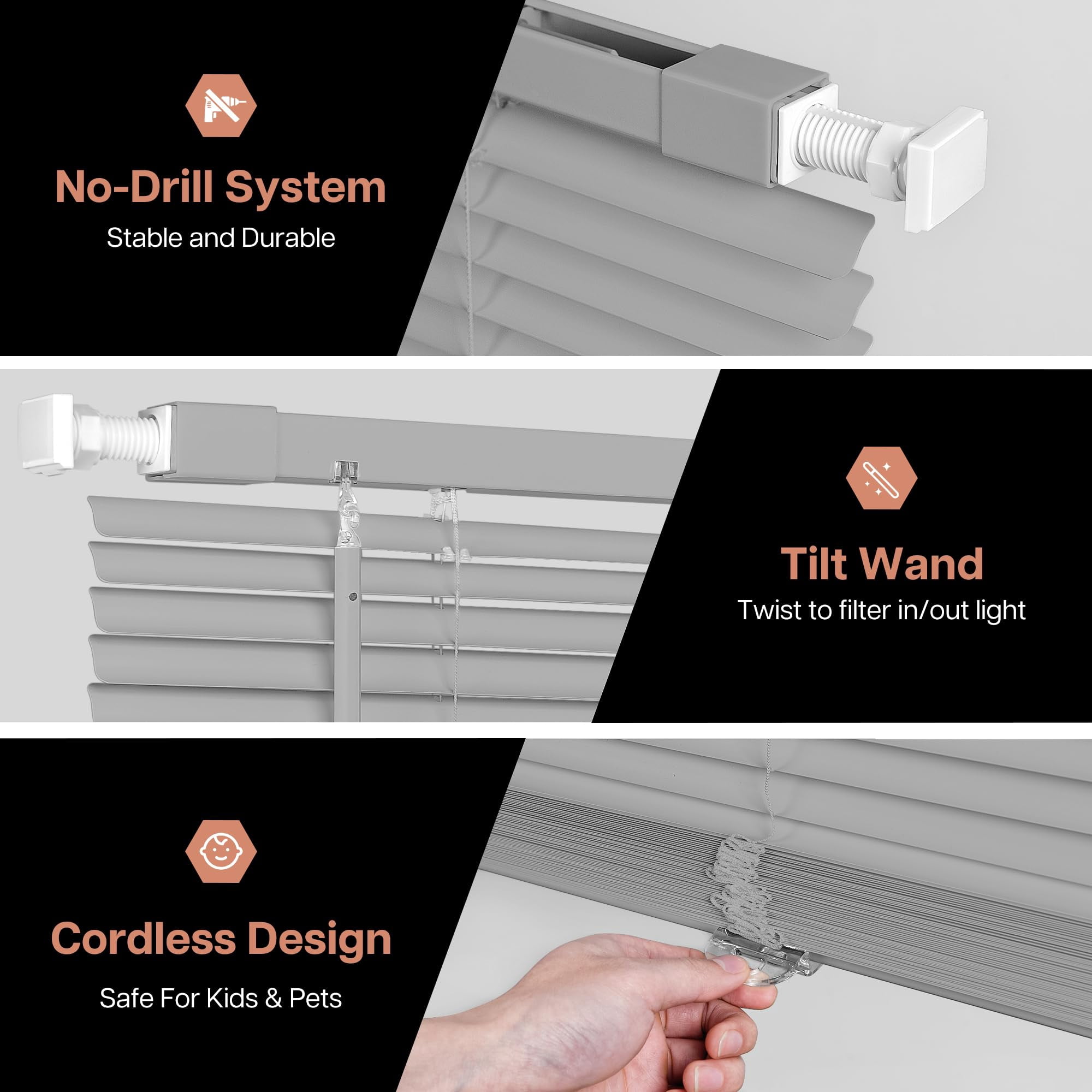 LazBlinds No Tools No Drill Cordless 1" Vinyl Mini Blinds, 100% Privacy S-Curve Blinds for Indoor Windows, Room Darkening Horizontal Window Blinds and Shades for Home, 40" W x 64" H, Grey