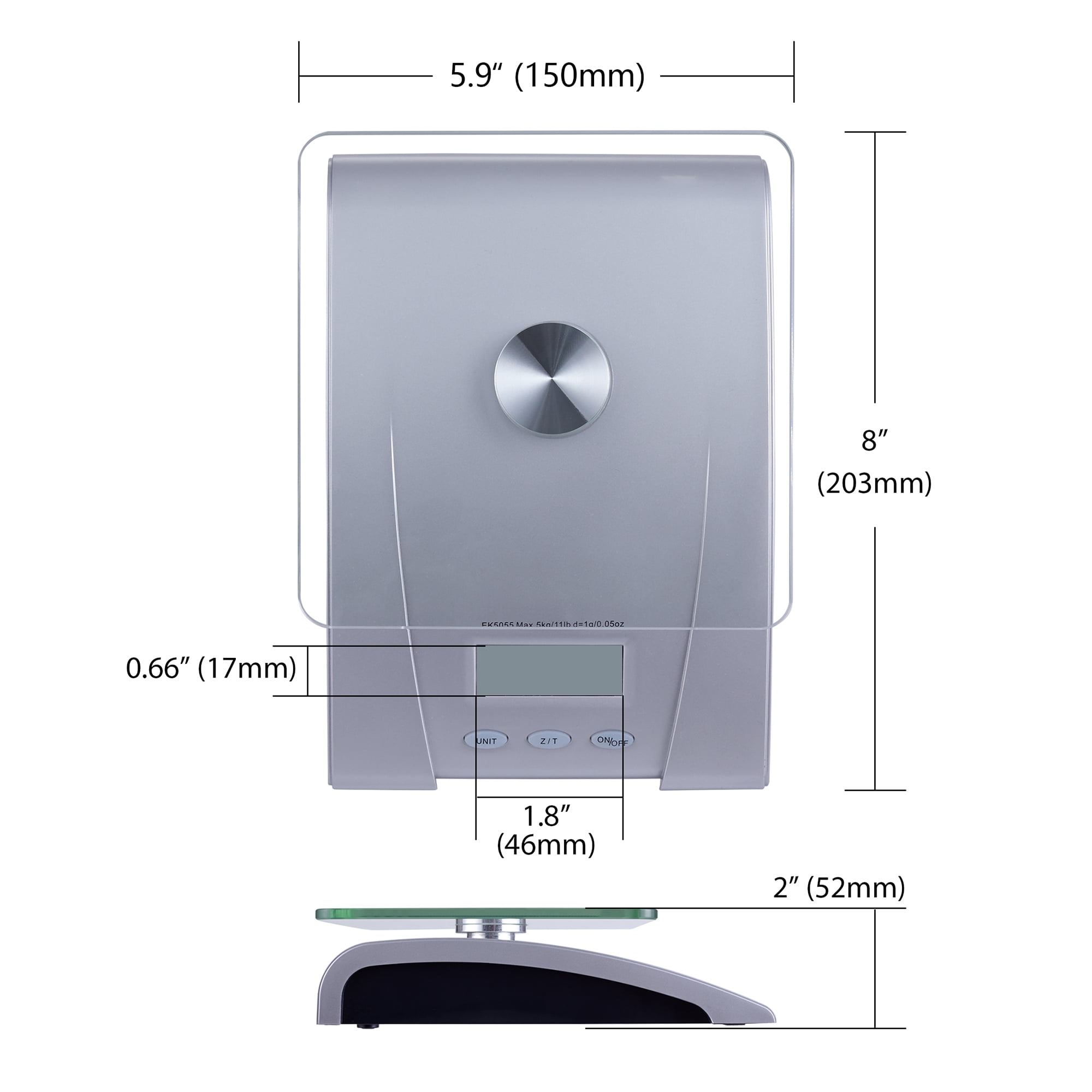 Mainstays Glass Digital Kitchen Scale with transparent glass platform and  silver base. Equipped with high precision loadcell it can measure capacity  maximum to 5000g/11 lb with increment of 0.05oz/1g 
