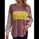 thumbnail image 3 of Blusas de Larga de Gran Tamaño, Moda 2025, Cuello Redondo, Informal, con Bloques de Color, para Mujer. Vino Tinto M, 3 of 9
