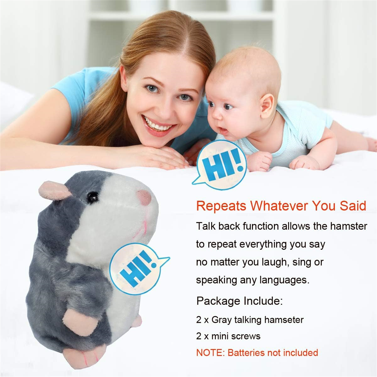 Plush Interactive Toys Talking Hamster Repeats What You Say Talking Stuffed Animal Talk Back Hamster Toy for Kids Interactive Hamster Toy for Birthday Funny Gift Kids Early Learning, 2Pack, Gray