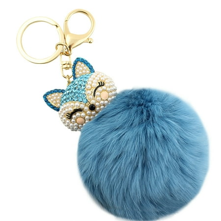 - Rhinestone Kitty Face Pom Pom Keychain Purse Charm Turquoise