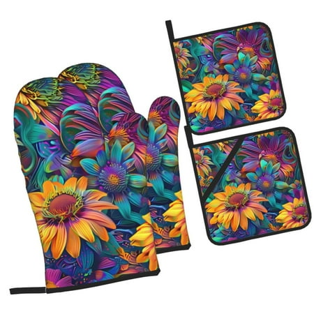 

Balery Psychedelic Sunflowers Pattern Oven Mitts and Pot Holders 4 pcs Set Kitchen Oven Glove High Heat Resistant 500℉ Oven Mitts with Non-Slip Silicone Surface