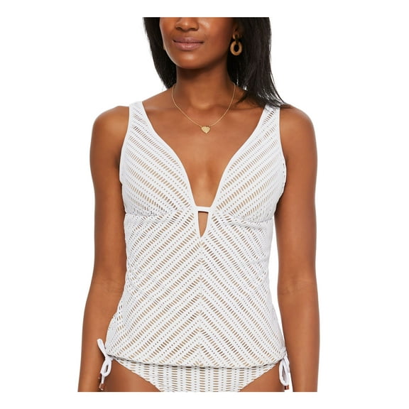 BAR III Women's White Stretch Plunge Crochet Adjustable Deep V Neck Fixed Cups Tankini Swimsuit Top S