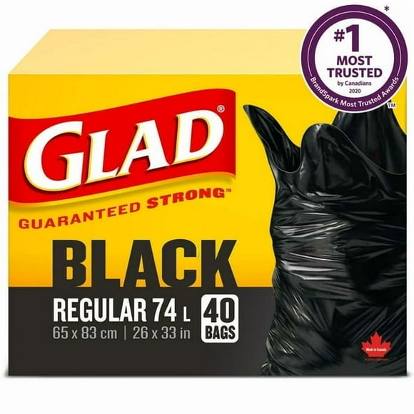 Glad Sacs à Ordures Noirs - Réguliers 74 Litres -, 40 Sacs à Ordures