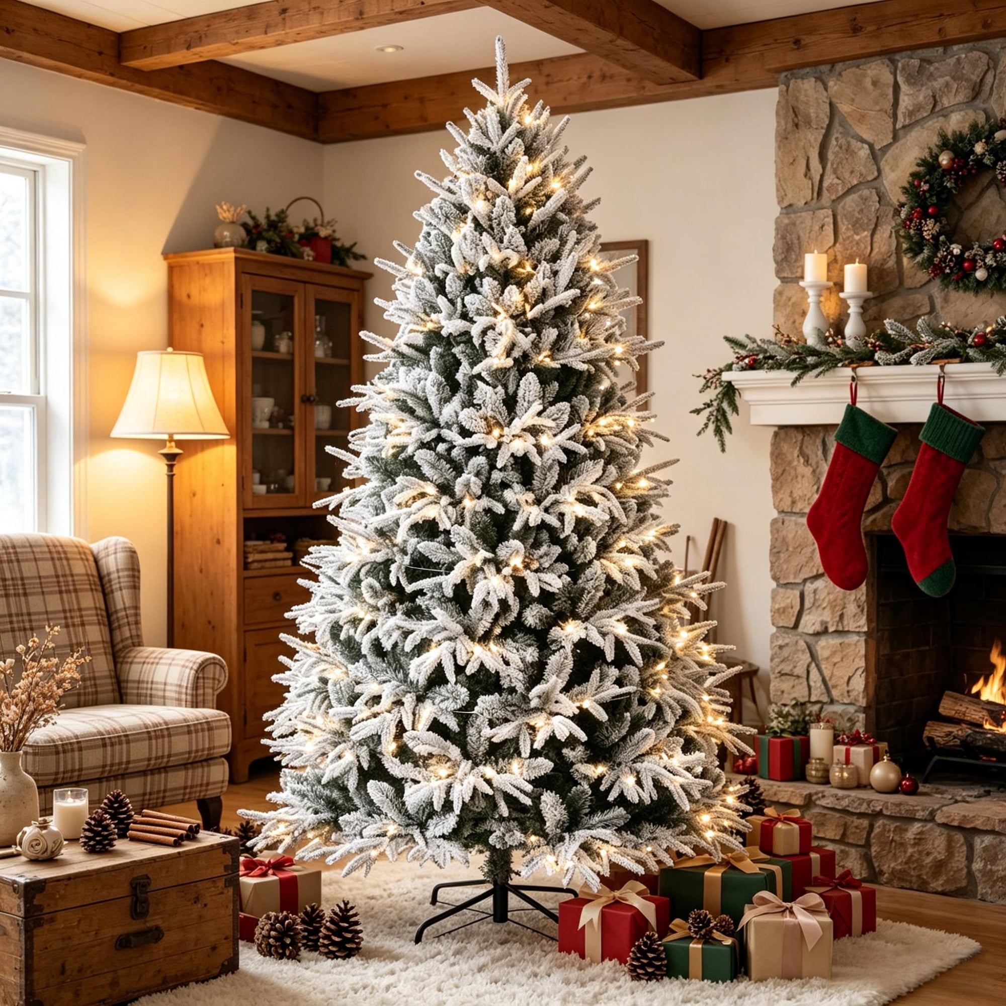 7 ft Pre-Lit Flocked Christmas Tree with 350 Warm White LED Lights, 2679 Tips, Hinged Design, 53.1 in Diameter, Indoor Holiday Decoration