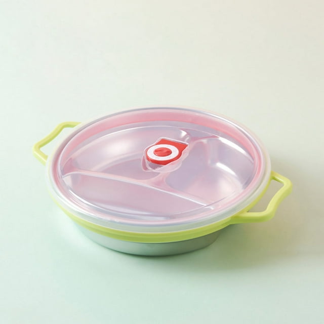 Children's Plate Stainless Steel Anti Scald Handle Compartment Divided Design Dinner Plate for Kindergarten Green Children's Plate with Cover