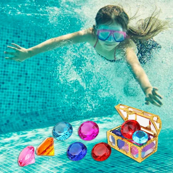 Gemstones Treasure Hunt Set | 7PCS Crystal Diamonds Jewelry Kit | Multicolor Glass Stones for Pool Diving, Party Favors, Bath Time Fun | Pirate-Style Golden Chest Included | 138g
