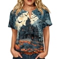 thumbnail image 2 of Halloween Shirts for Women Witch Hat Castle Print Henley Horror Blouse Spider Loose Fit Short Sleeve Vintage Spooky T-Shirt 3XL, 2 of 7