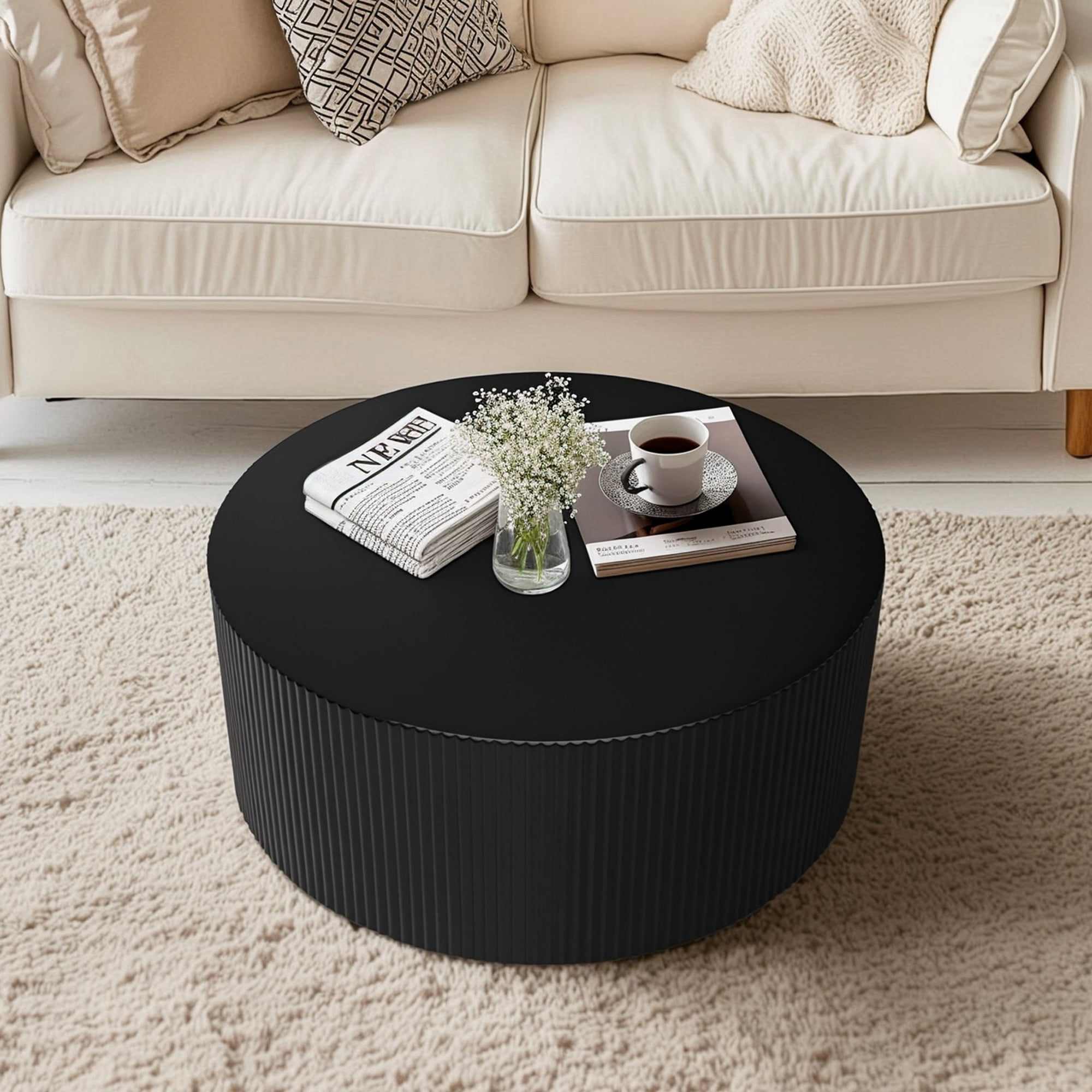 Dasun 35.83" Modern Round Coffee Table, Stylish and Minimalist Wave Stripe Coffee Table, Drum Circle Coffee Table for Living Room, Bedroom, Black