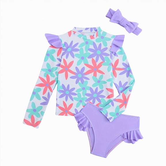 Hessimy Girls Swimsuit Tropical Print Bikini Set with Ruffle Hem Two Piece Criss Cross Bathing Suits,Square Neck（Purple,5-6 Years)