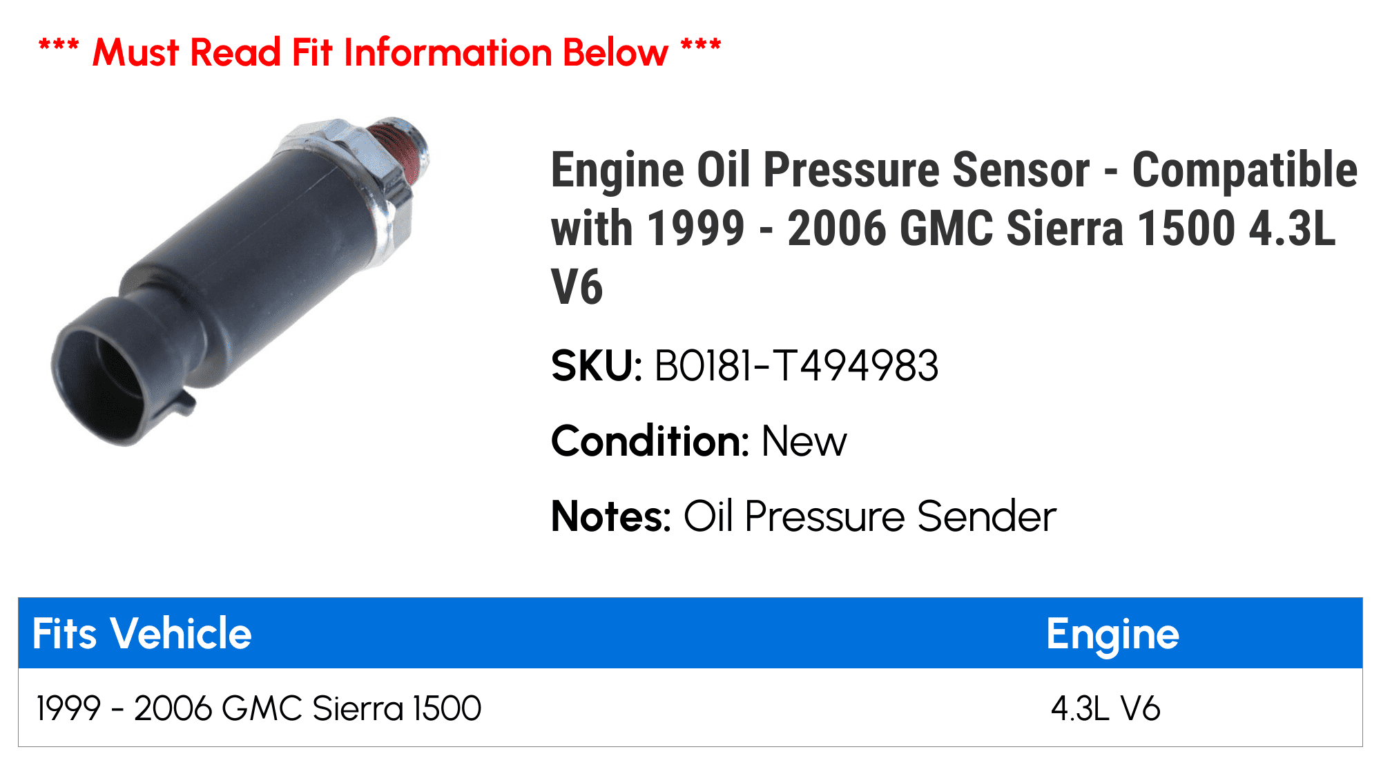 Engine Oil Pressure Sensor - Compatible with 1999 - 2006 GMC Sierra 1500 4.3L V6 2000 2001 2002 2003 2004 2005