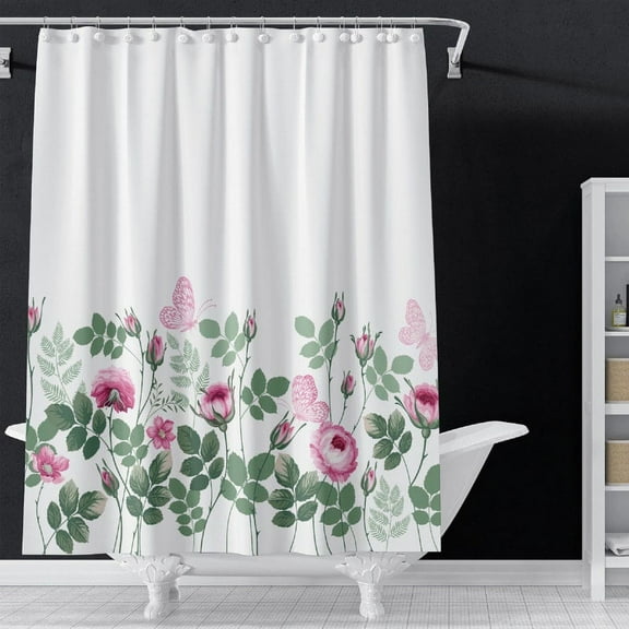 EpicGadget Botanical Floral and Green Leaves Shower Curtains for Bathroom, Waterproof Fabric Shower Curtain Set with 12 pcs Hooks for Bathroom Showers and Bathtubs Butterfly on Flowers, 72" x 72"