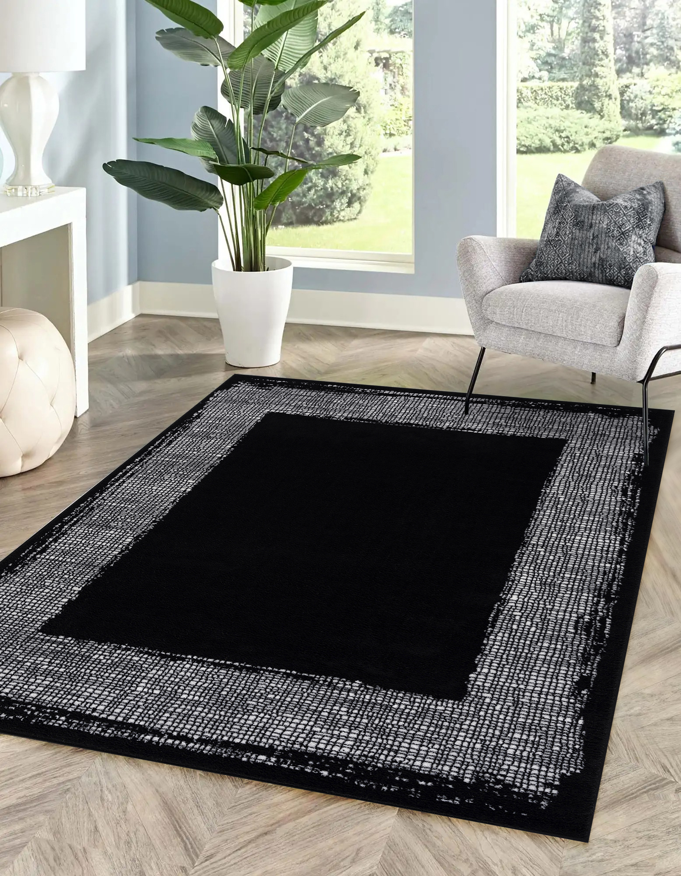 Beverly Rug Modern Bordered 2X3 Area Rug for Living Room, Dining Room Rug,  Bedroom Carpet, Indoor Non Skid Rubber Backed Area Rugs, Black