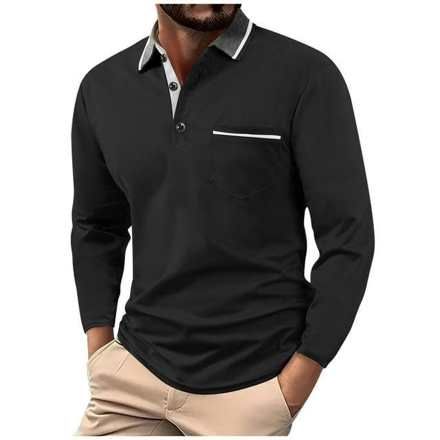 Dagugfen Fall Tops for Men Long Sleeve Button Lapel V Neck Slim Breathable Casual Work Shirts Pocket