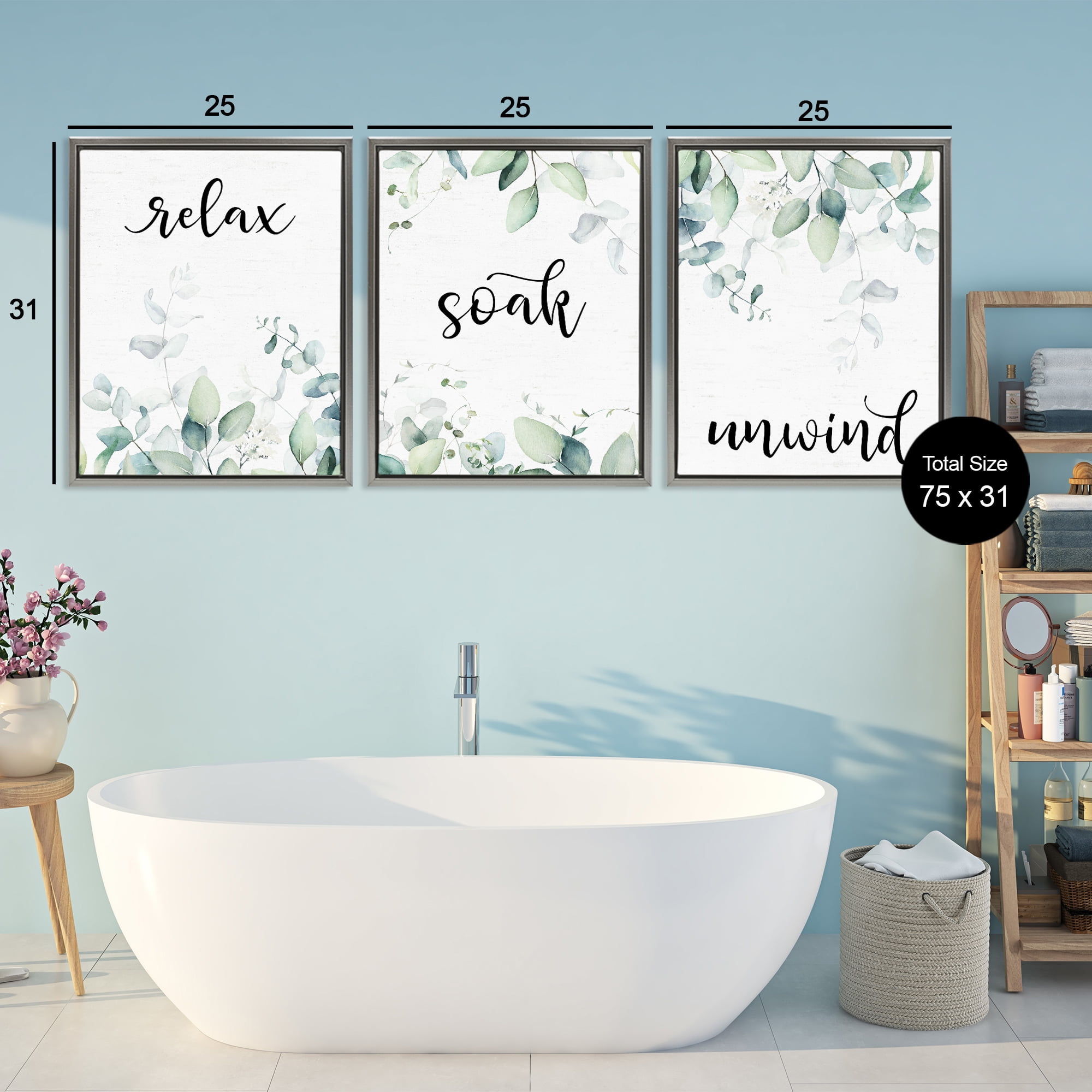 Leafy Bathroom Herbs 3 Piece Gray Framed Floater Canvas Set, design by Lettered and Lined