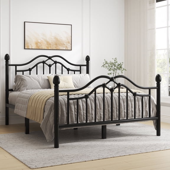 E-Motie Metal Bed Frame Full Size with Vintage Victorian Headboard & Footboard, Black
