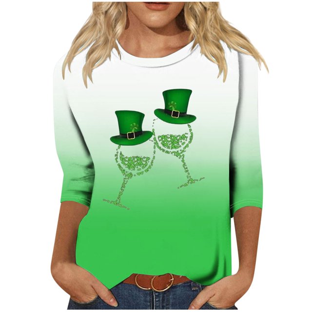 KIHOUT Nouveaux T-Shirts de la Saint-Patrick pour Femmes, Blouse Dégradée Mode Féminine Verte Imprimée Graphique Col Rond Manches 3/4 T-Shirt Ample, Taille S-3TG