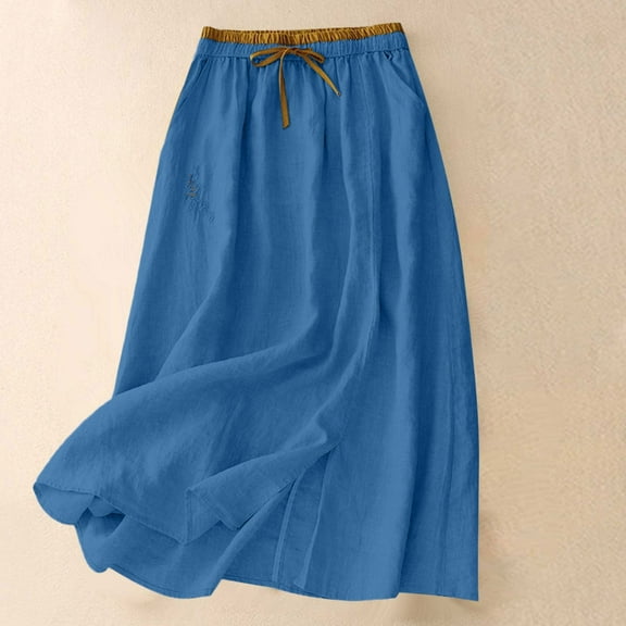 Dxzfnsa Women Skirts Summer Women's Summer Cotton Linen Skirts Casual Loose Solid Color Elastic Waist Skirts Flowy Mid-length Skirts