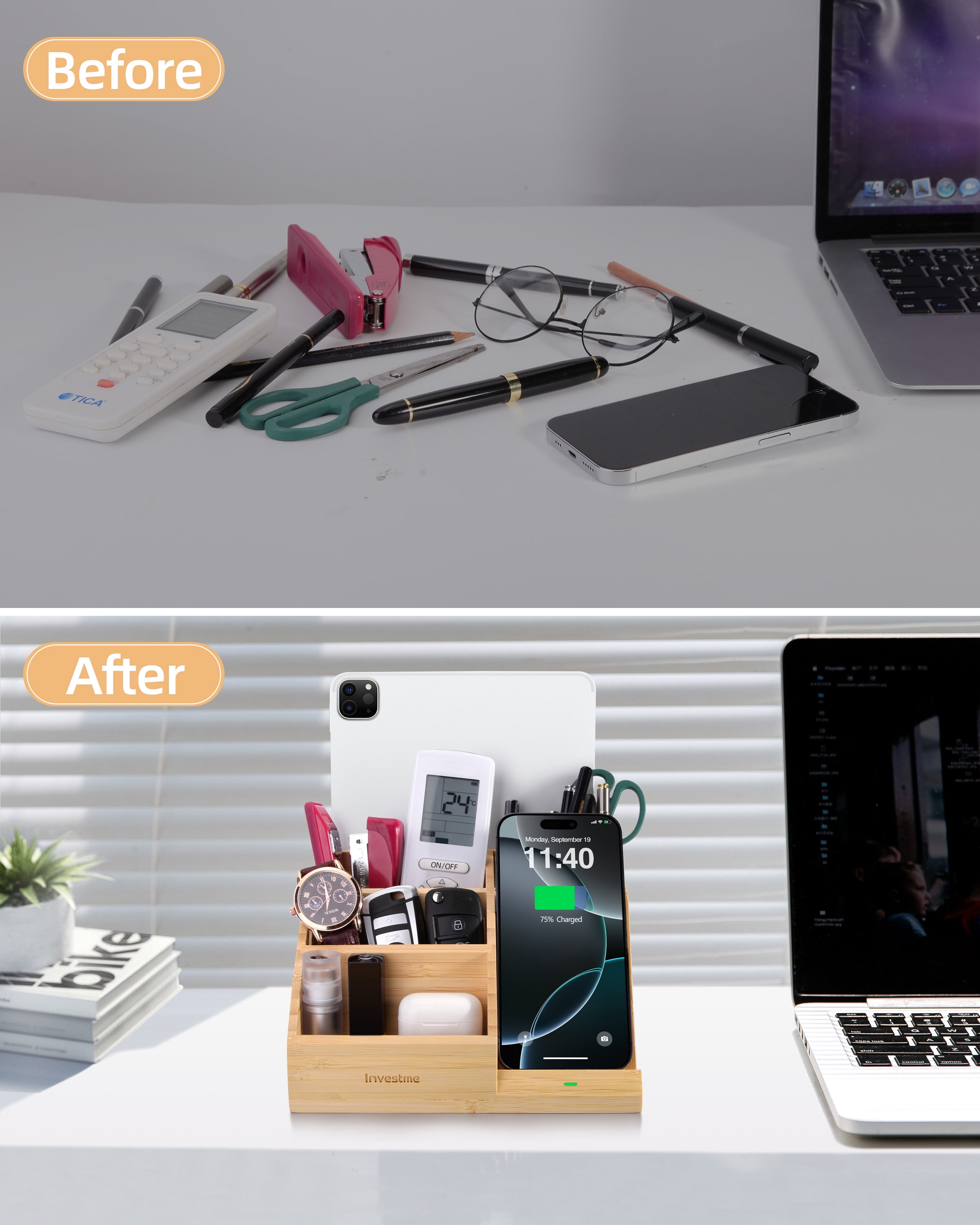 Investme Desk Organizer with Wireless Charging, Bamboo Pencil Holder with 15W Fast Wireless Charger Compatible with iPhone and Samsung for Desk & Nightstand