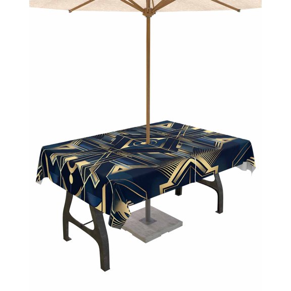 Boanket Outdoor Tablecloth with Umbrella Hole for Patio/Picnic/Party/Camping, Blue Golden Waterproof Table Cloth Rectangle Table Cover Washable, Abstract Geometric Stripes Modern Artistic (60"x 102")