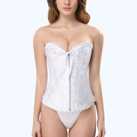 FJHNGBDH Women s Corset Overbust Top Sexy Zip Lace Up Bustier V Neck Floral Satin Waist Trainer Boned Sexy Body Shapewear