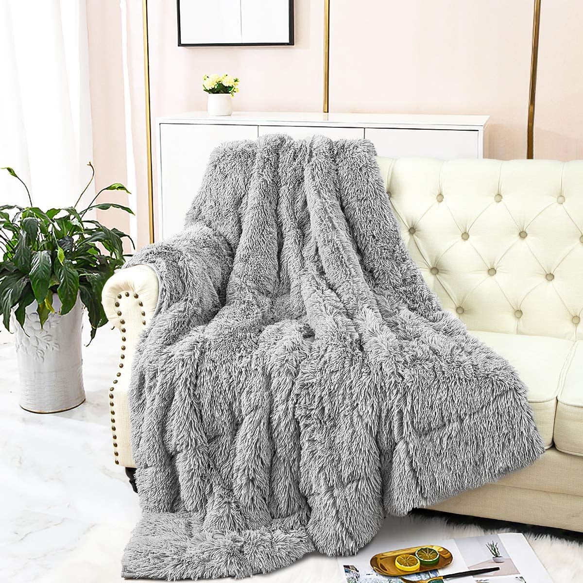 Homore Faux Fur Weighted Blanket 15lbs, Sherpa Reverse Shaggy Long Fur