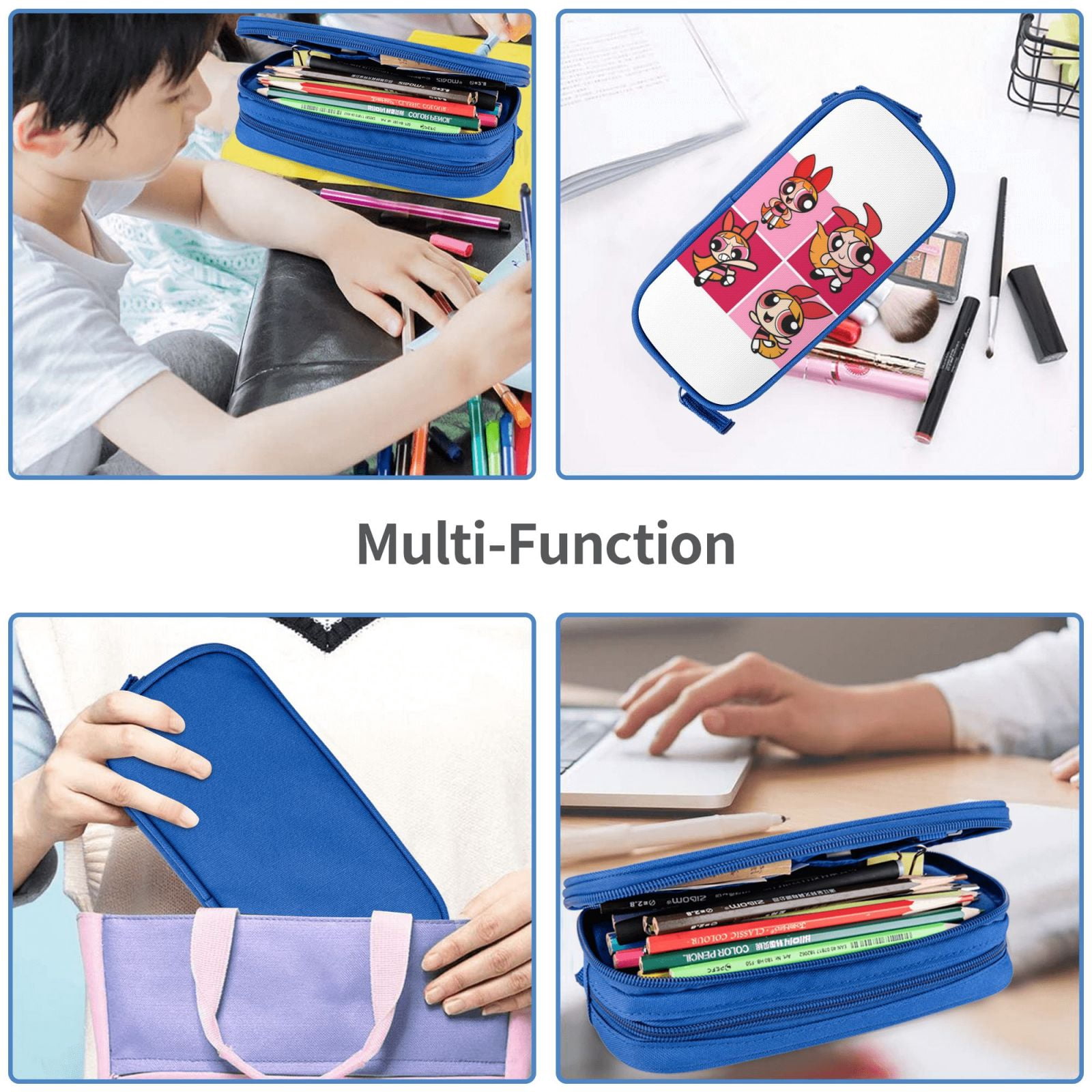 The Powerpuff Gi-rls Pencil Case Large Capacity Pencil Pouch Penbag Office Stationery Organizer Travel Makeup Bag Blue